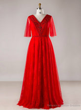 Plus Size Red Tulle V-neck Backless Floor Length Prom Dress